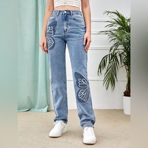 Romwe butterfly embroidery high waist jeans - L
